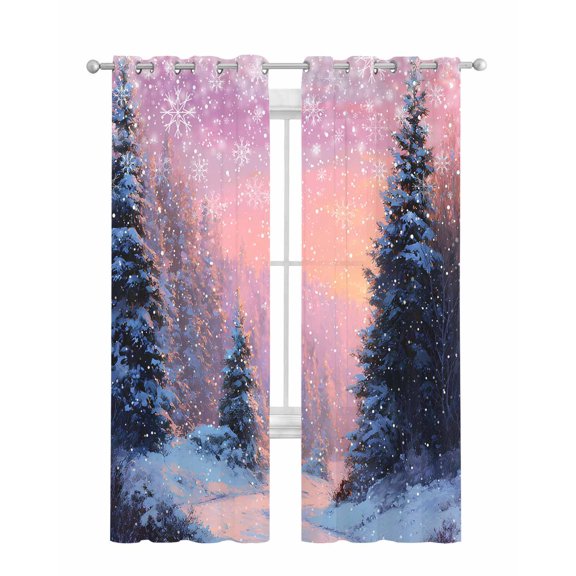 Pink Blue Christmas Sheer Curtains 84 Inch Length 2 Panels Set for Living Room/Bedroom, Xmas Tree Snowflake Winter Forest Kitchen Curtains Grommet Semi-Sheer Curtains Window Treatments 42"x84"x2