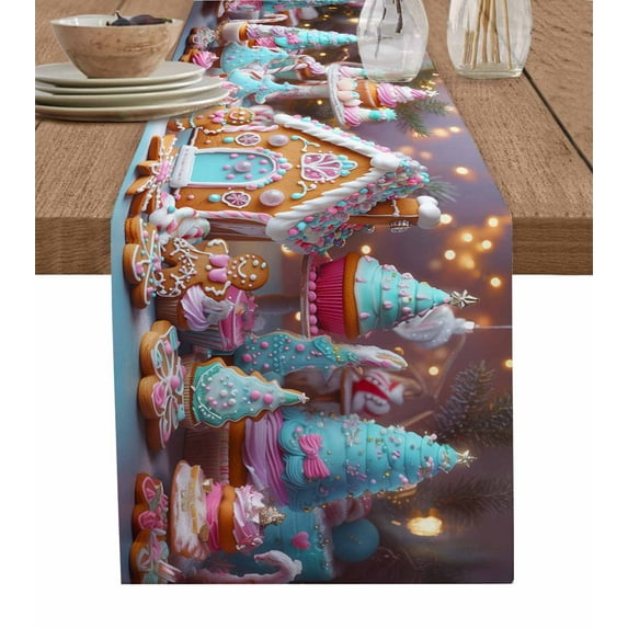 Pink Blue Christmas Table Runner Xmas Candy Castle Balls Tablerunners 13 x 90 Inch, Table Decorations Tabletop Scarf for Summer Gathering Holiday Farmhouse Kitchen Dining Decor
