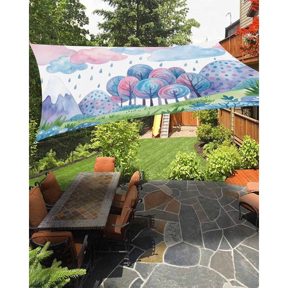 Pink Blue Clouds Sun Shade Sail 14'X18' Abstract Tree Green Grassland Mountain UV Block Outdoor Sail Shades Breathable Waterproof Rectangular Sunshade for Patio Garden Pool Pergola Porch