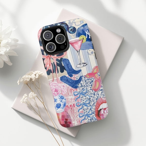 Pink Blue Coquette Preppy Collage Phone Case with iPhone 17 through 11 Pro Max