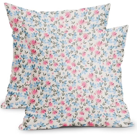 Pink Blue and Cream Vintage Floral Pillow Covers 16x16 Inch Set of 2 Rustic Flower Outdoor Decorative Throw Pillows Cute Small Floral Print Farmhouse Pillowcases Cotton Linen Cushion Cover for Couch