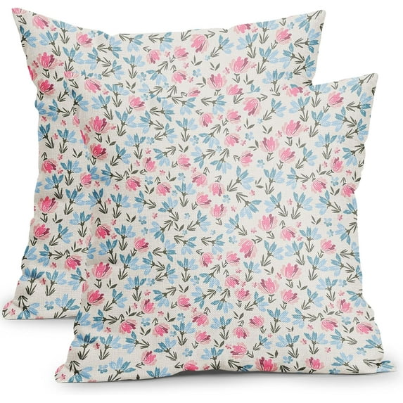 Pink Blue and Cream Vintage Floral Pillow Covers 18x18 Inch Set of 2 Rustic Flower Outdoor Decorative Throw Pillows Cute Small Floral Print Farmhouse Pillowcases Cotton Linen Cushion Cover for Couch