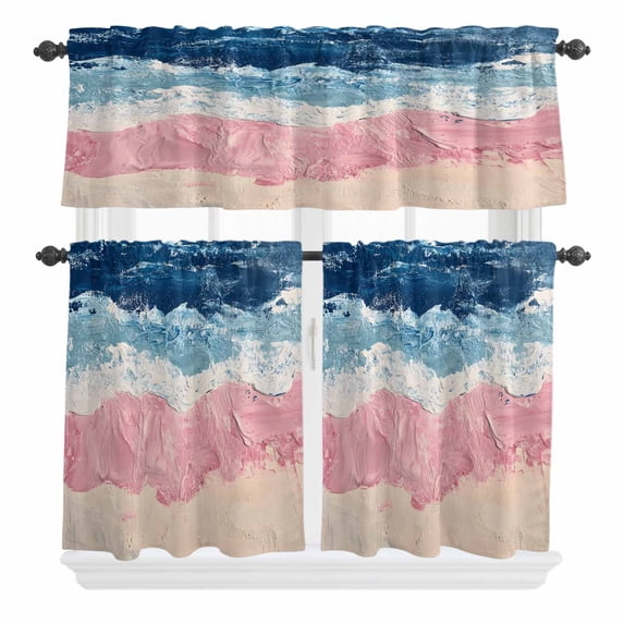 Pink Blue Curtain Valances Set Beige Gradient Ocean Wave Abstract Beach Coastal Kitchen Curtains 36 inch Length Rod Pocket Valance and Tiers 3 Piece Set Small Bedroom Bathroom Laundry Decor