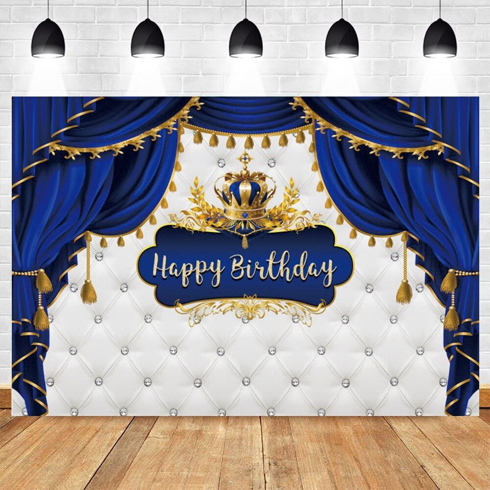 Blue Curtain With Crown Boy Circle Baby Shower Backdrop