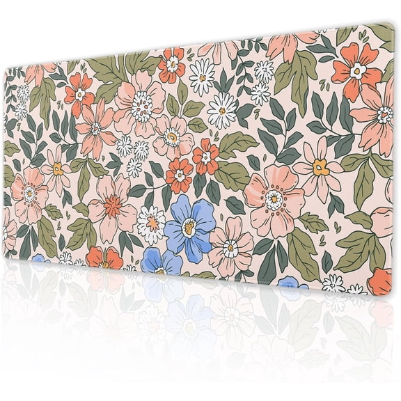 Pink Blue Cute Floral Gaming Mouse Pad Desk Mat XXL 35.4×15.7 in Anime Green Leaf Flowers Extended Mousepad 40X90cm with Non-Slip Rubber Base Stitched Edge Large Desk Pad for Women Gamer Office
