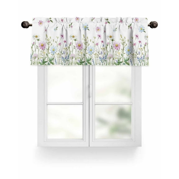 Pink Blue Daisy Floral Kitchen Valances for Windows Wildflowers Herbs Botanical Valance Curtains&nbsp; for Kitchen /Living Room/Bedroom/ Bathroom Decor, 54"x18 " ,Rod Pocket 1 Panel, White
