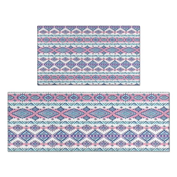 Pink and Blue Diamond Shaped Boho Pattern Kitchen Rugs Sets Of 2,Anti Fatigue Kitchen Mat Rugs Non Slip Washable,Decorative Kitchen Floor Mats for Kitchen,Sink,Laundry,17"x30"+17"x47"