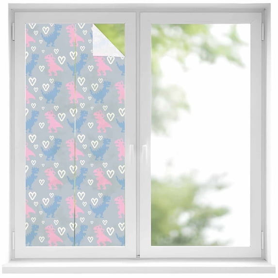 Pink Blue Dinosaur Window Privacy Film, Pixel Art Style Cartoon Animals ...