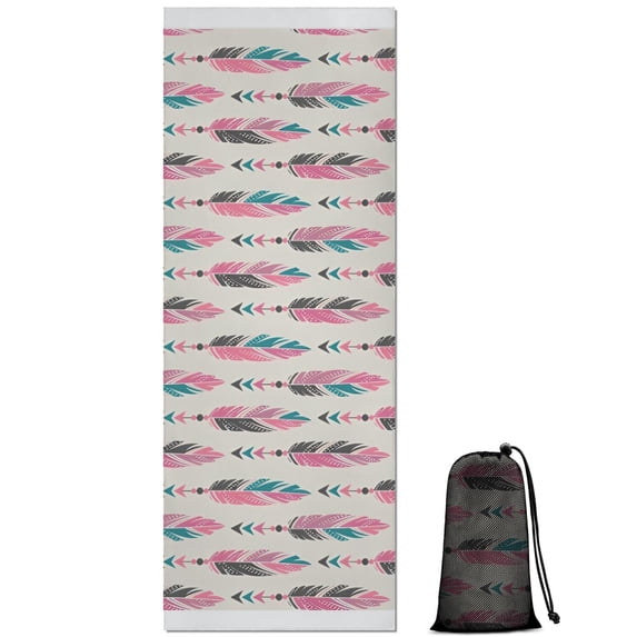 Pink and Blue Ethnic Style Feather Pattern Hot Yoga Mat Towel Non Slip for Hot Yoga - Quick-Drying Yoga Mat Cover with 4 Corner Pockets with Travel Bag - Hot Yoga Towel Non Slip 70"x26"