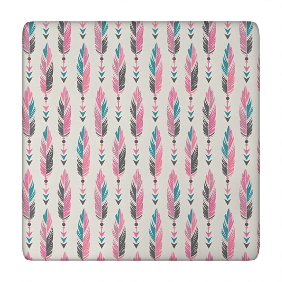 Pink and Blue Ethnic Style Feather Pattern Square Fitted Tablecloth with Elastic Edge,Square Table Cover,Washable Elastic Table Cover for Home Kitchen Party Decor 34"x34"