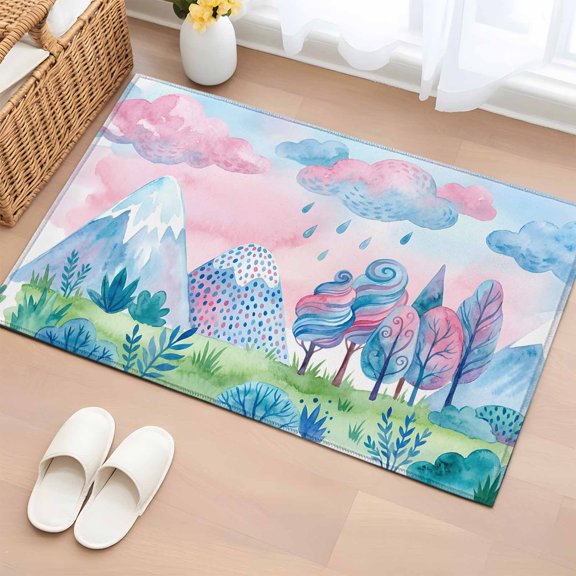Pink Blue Fantasy Cloud 2'x3' Rug for Entryway Front Door Kitchen Sink Area, Abstract Tree Green Grassland Mountain Low Pile Non Slip Rectangle Area Rug, Machine Washable Indoor Outdoor Mat