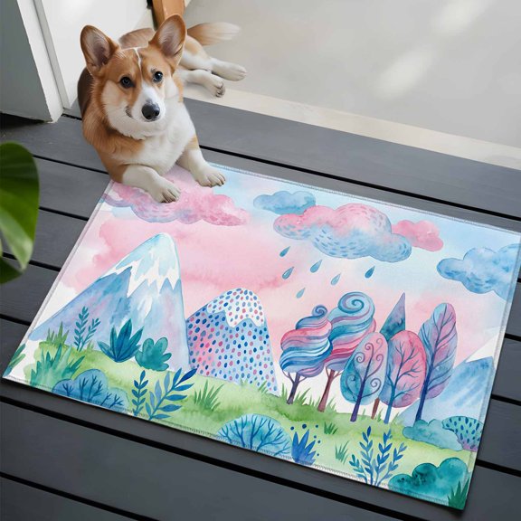 Pink Blue Fantasy Cloud Front Door Rugs 2x3 ft Abstract Tree Green Grassland Mountain Small Rug for Entryway Non Slip Washable Bathroom Door Mat Absorbent Floor Mat for Indoor Entrance