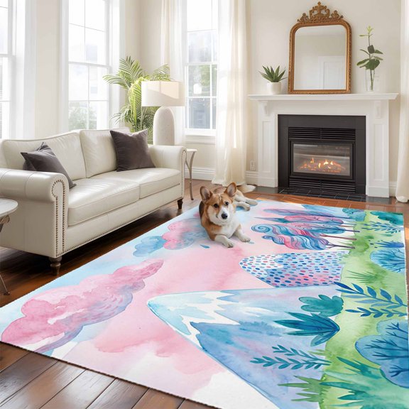 Pink Blue Fantasy Cloud Large Area Rugs 5x8 ft Abstract Tree Green Grassland Mountain Washable Rug Non Slip Indoor Carpet Absorbent Floor Mat for Living Room Bedroom Dining Room