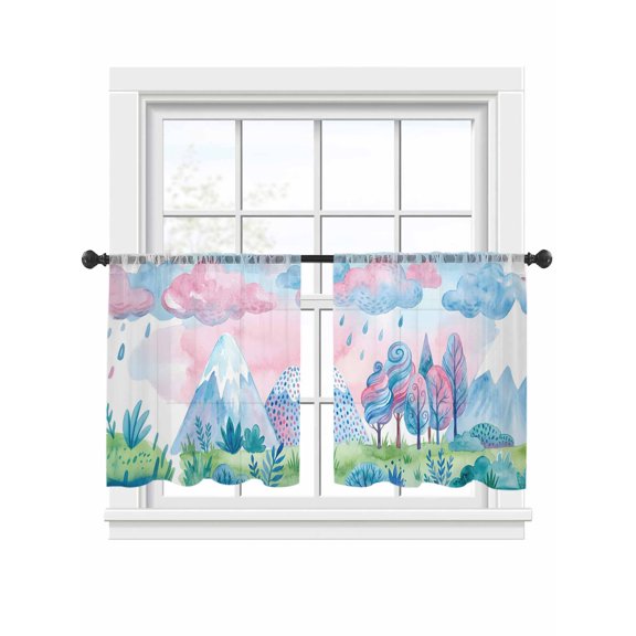 Pink Blue Fantasy Cloud Sheer Curtains 2 Panels Set Abstract Tree Green Grassland Mountain Sheer Window Curtains Light Filtering Rod Pocket Voile Drapes for Bedroom Living Room 52"x45"