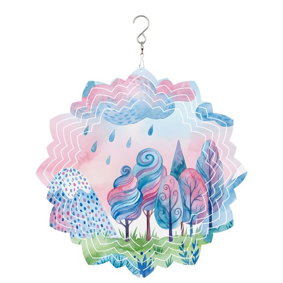 Pink Blue Fantasy Cloud Wind Spinner for Garden Yard 8In, Abstract Tree Green Grassland Mountain 3D Stainless Steel Kinetic Hanging Wind Spinners Rustproof Outdoor Decor for Lawn Patio Home