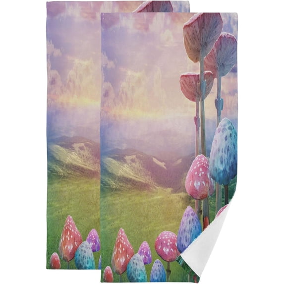Pink Blue Fantasy Mushroom Hand Towels 2 PCS, Kitchen Towel Ultra Soft and Highly Absorbent,Decorative Fingertip Face Towel for Bathroom Hotel, 28.3"x14.4"