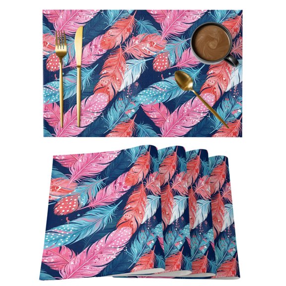 Pink Blue Feathers Placemats Set of 4 Summer Tropical Boho Textured Place Mats Indoor Wipeable Table Mats Washable Cloth Dining Table Placemats for Kitchen Holiday Party Home Decor 13x19 Inch