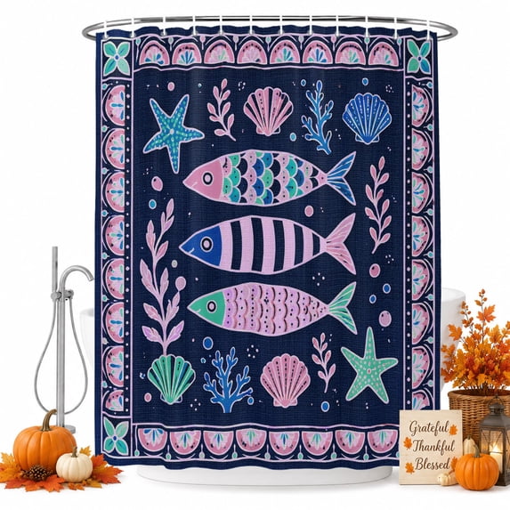 Pink Blue Fish Coastal Shower Curtain, Waterproof Shower Curtains for Bathroom, Nautical Modern Abstract Art Seaside Washable Fabric Bathtub Curtain Set Bath Decor with 12 Hooks Standard 72"x72"