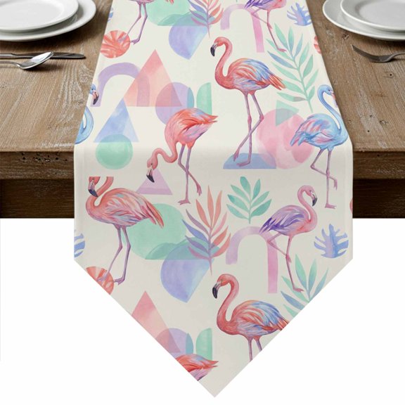 Pink Blue Flamingo Table Runner Linen Burlap Table Runner 90 Inches Long Summer Tropical Ombre Geometric Dresser Scarves for Kitchen Island Coffee Dining Room Party Wedding Holiday Decor 13"x90"