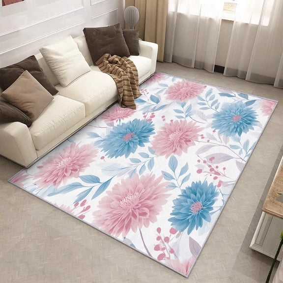 Pink Blue Floral Area Rug, Botanical Flower Leaves Indoor Carpet, Washable Non Slip Low Pile Soft Thin Rug for Living Room Bedroom Home Decor Mat 2x3ft
