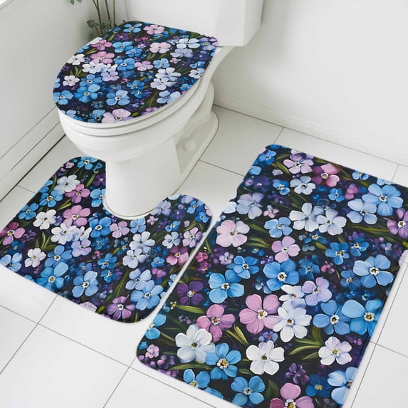 Pink Blue Floral Bathroom Rugs Set Spring Flower Green Leaf Plant Farmhouse Watercolor Non Slip Absorbent Bath Mats 3 Piece Set with Bathroom Rug, U-Shaped Floor Mat, Toilet Seat Cover Large Size