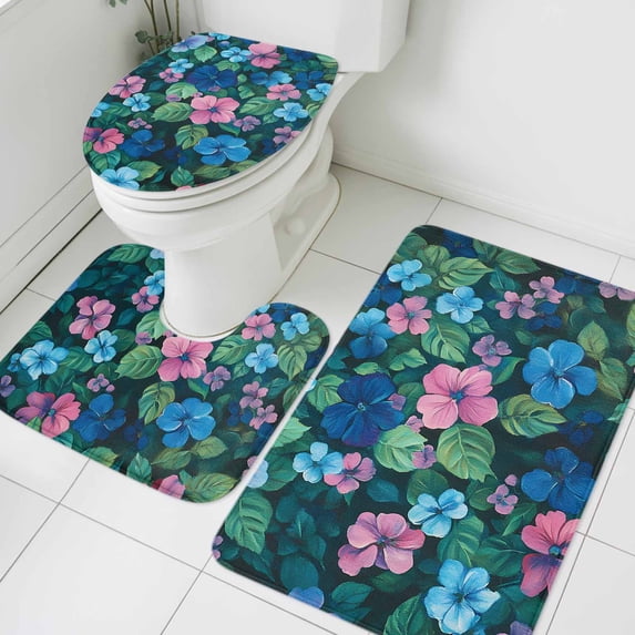 Pink Blue Floral Bathroom Rugs Set Spring Watercolor Flower Green Leaf Oil Painting Style Non Slip Absorbent Bath Mats 3 Piece Set with Bathroom Rug, U-Shaped Floor Mat, Toilet Seat Cover Small Size