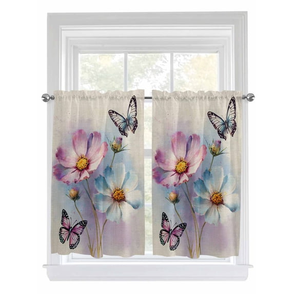 Pink Blue Floral Bathroom Window Curtain, Butterflies Retro Oil Painting Light Filtering Coffee Kitchen Curtains, Bedroom Living Room Curtains 2 Panel 84"x45"