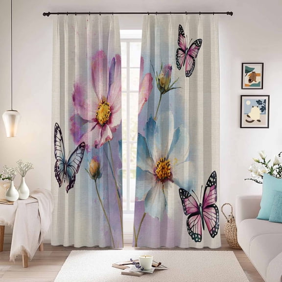 Pink Blue Floral Blackout Curtains for Bedroom/Living Room, Pinch Pleated Black Out Curtains, Butterflies Retro Oil Painting Room Darkening Window Drapes with Hooks 2 Panels, 59"x70"