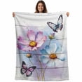 thumbnail image 1 of Pink Blue Floral Blanket Soft Cozy Warm Twin Blanket for Bed, Plush Fuzzy Flannel Fleece Blankets for Sofa, Butterflies Vintage Oil Painting Wooden Throw Blankets for Couch, Gifts for Men, 60"x80", 1 of 9