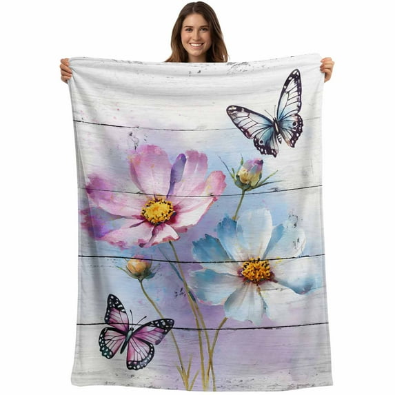 Pink Blue Floral Blanket Soft Cozy Warm Twin Blanket for Bed, Plush Fuzzy Flannel Fleece Blankets for Sofa, Butterflies Vintage Oil Painting Wooden Throw Blankets for Couch, Gifts for Men, 60"x80"