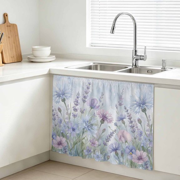 Pink Blue Floral Cabinet Curtain, Rustic Cornflowers Lavender Sweet Peas Grass Bud Sink Skirt for Bathroom, Under Sink shelf Curtain Privacy Drape for Kitchen Laundry Room 10x11in