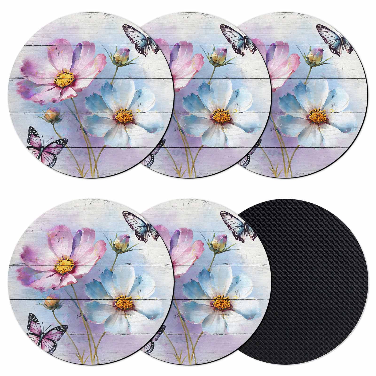 Pink Button Coaster Pink Blue Floral Coasters Set of 6, Absorbent Coasters for Drinks ...