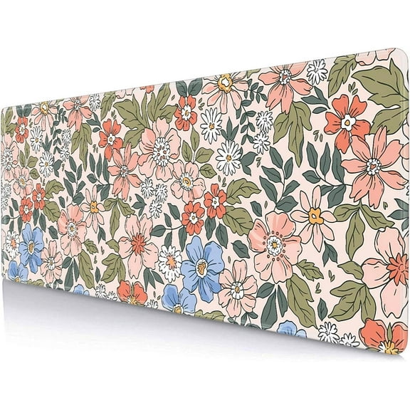 Pink Blue Floral Desk Mat Cute, XL Green Leaf Flowers Extended Mousepad, Non-Slip Rubber Base Stitched Edge Large Mouse Pad Desk Pad for Women Gamer Office,Computer Accessories,31.5 X 11.8 in