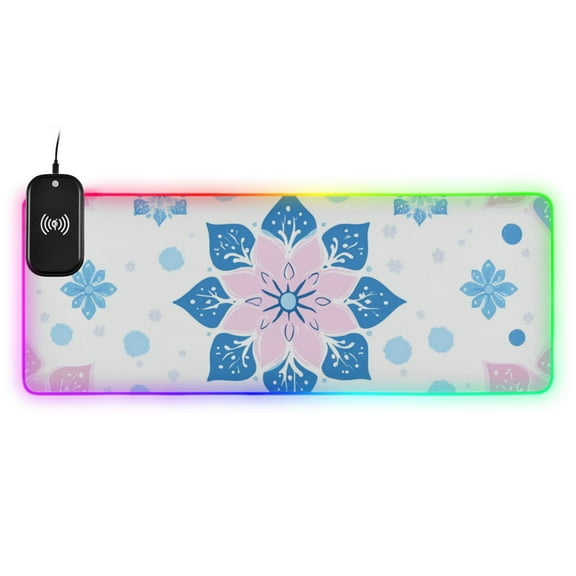 Pink Blue Floral Geometric Wireless Charging RGB Gaming Mouse Pad Large Keyboard Mat Rubber Base 13 Light Modes