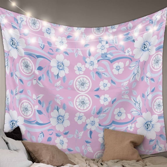 Pink Blue Floral Large Tapestry for Bedroom Wall Hanging Tapestry, Vintage Pastoral Botanical Leaves Ceiling Backdrop Tapestries Poster Blanket Wall Decor for Teens Room Living Room Dorm 100" x 59"