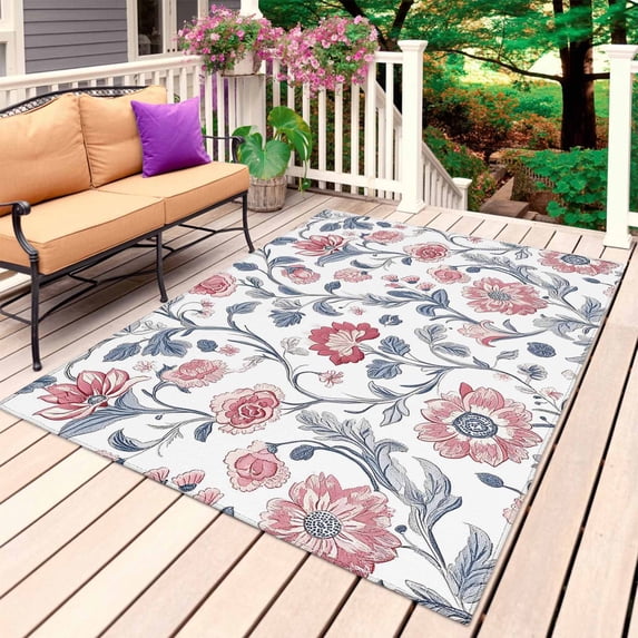 Pink Blue Floral Outdoor Rug for Patio/Deck/Porch, Non-Slip Large Area Rug 3 x 5 Ft, Retro Farmhouse Botanical Blossom Indoor Outdoor Rugs Washable Area Rugs, Reversible Camping Rug Carpet Runner