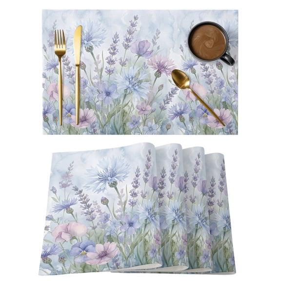 Pink Blue Floral Placemats Set of 1, Rustic Cornflowers Lavender Sweet Peas Grass Bud Non-Slip Place Mats Washable Table Mats for Kitchen Dining Table Decorations Indoor/Outdoor