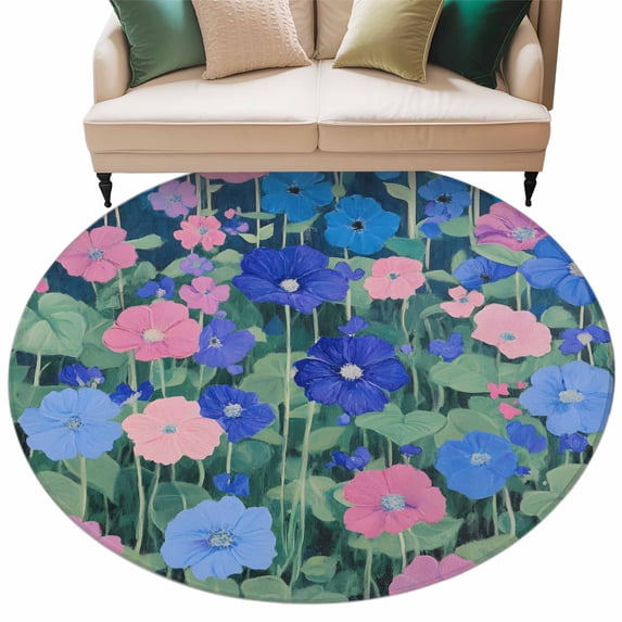 Pink Blue Floral Round Area Rug 5ft Spring Flower Green Leaf Colorful Oil Painting Texture Non-Slip Washable Circle Rugs Soft Felt Indoor Floor Mat for Bedroom Kitchen Living Room Bathroom