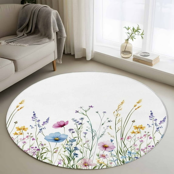 Pink Blue Floral Round Rugs 3.3ft, Farmhouse Garden Flowers Botanical Non Slip Washable Rug Runner, Low Pile Indoor Floor Carpet Mat Bathroom Rugs for Living Room, Bedroom, Kids Room
