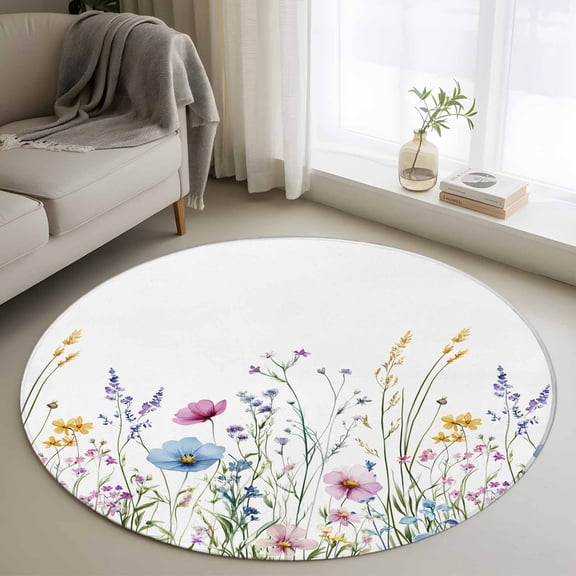 Pink Blue Floral Round Rugs 3ft, Farmhouse Garden Flowers Botanical Non Slip Washable Rug Runner, Low Pile Indoor Floor Carpet Mat Bathroom Rugs for Living Room, Bedroom, Kids Room