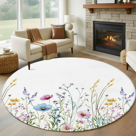 Pink Blue Floral Round Rugs 5ft, Farmhouse Garden Flowers Botanical Non Slip Washable Rug Runner, Low Pile Indoor Floor Carpet Mat Bathroom Rugs for Living Room, Bedroom, Kids Room