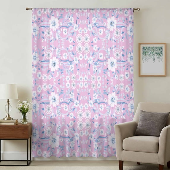 Pink Blue Floral Sheer Curtains 72 Inches Long, Vintage Pastoral Botanical Leaves Light Filering Curtains, Breathable Simi Curtain Privacy Drapes for Living Room Bedroom Lightweight Window Treatment