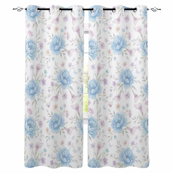 Pink Blue Flower Blackout Curtains for Bedroom Living Room Darkening Curtains 63 Inches Long Spring Watercolor Floral Plant Textured Window Curtain 2 Panels Set Window Treatment Drapes 52"x63"