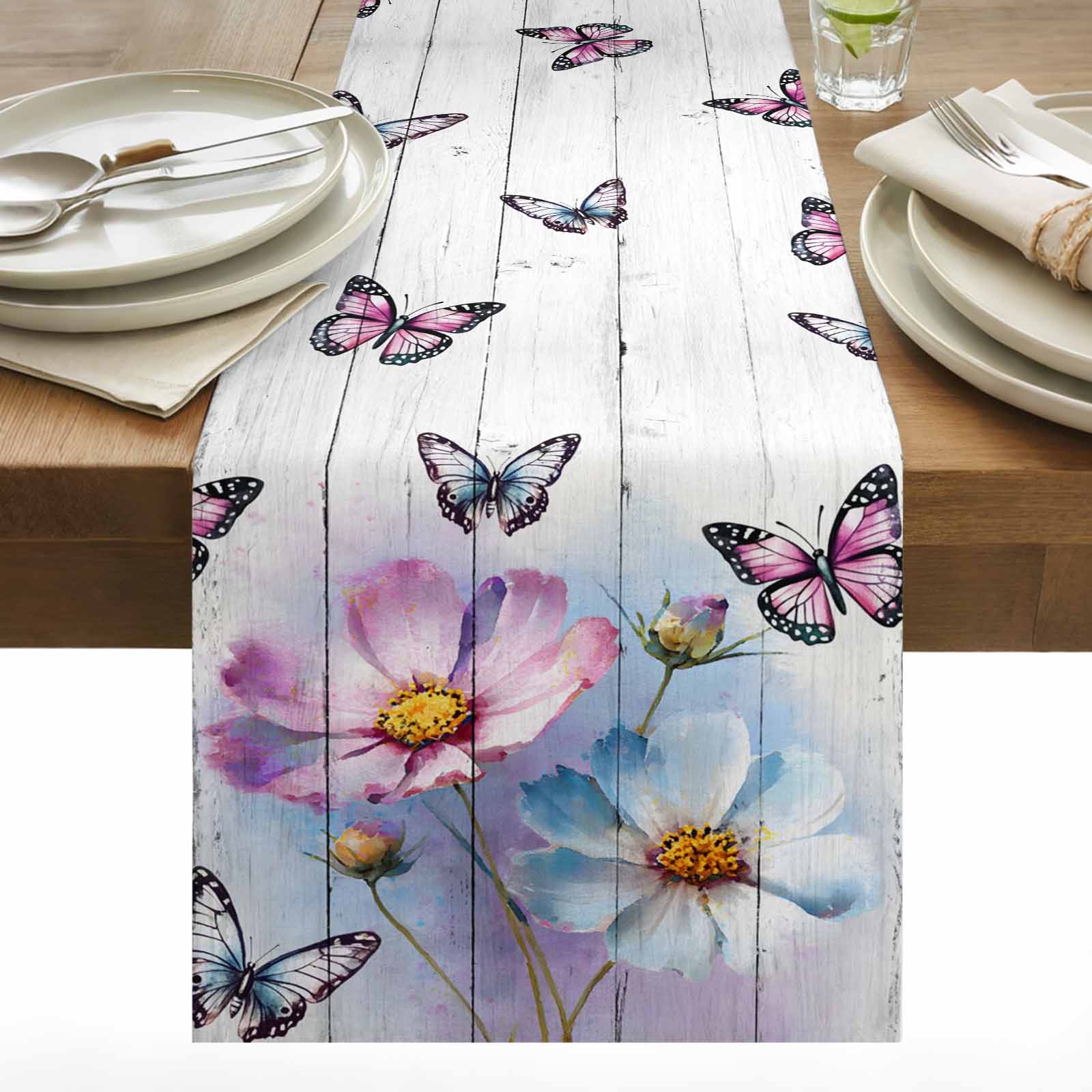Linken Roo Pink Blue Flower Cotton Linen Table Runner Watercolor Gradient Blue ...