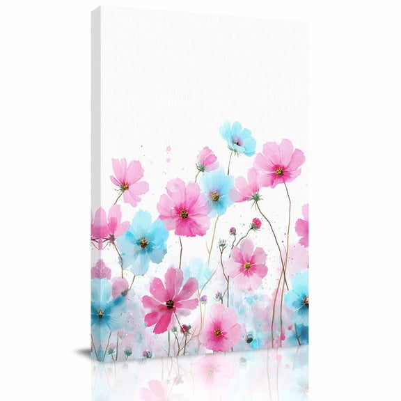 Pink Blue Flowers Canvas Wall Art for Living Room, Watercolor Spring Gradient Blue Pink Floral Wall Decor Framed Artwork Pictures Ready to Hang for Bedroom Office Home Decor