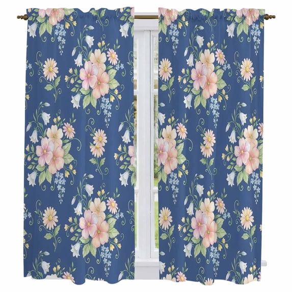 Pink Blue Flowers Kitchen Curtains 63 Inch Length, Elegant Pastoral Farmhouse Botanical Tiers Curtains for Living Room Berdoom Bathroom, Light Filtering Drapes Window Treatment 2 Panels 42"Wx63"L