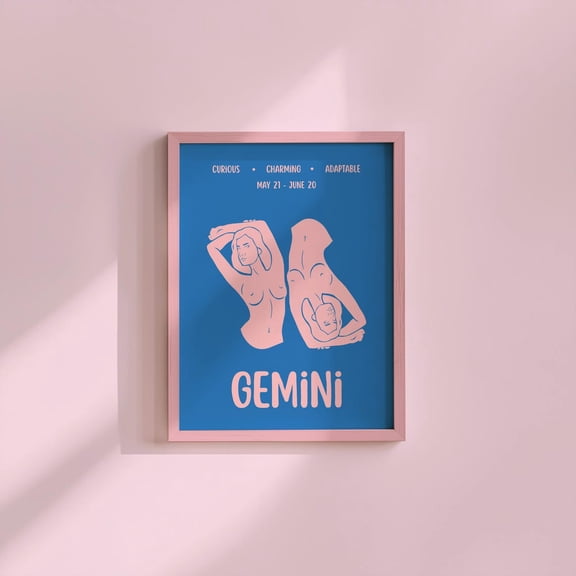 Pink Blue Gemini Art Trendy Zodiac Birthday Astrology Art Gemini Apartment Art Unframed Paper Print