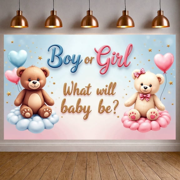 Pink & Blue  Gender Reveal Banner Glitter Lettering Baby Announcement Background Cute Teddy Bear Design Star Accents Gender Reveal Backdrop for Gender Reveal Party Baby Shower Expectant Parents