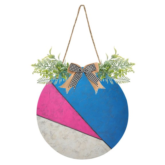 Pink Blue Geometry Front Door Porch Decoration Hanging Sign with Artificial Green Plants and Bow for Home Outdoor Indoor