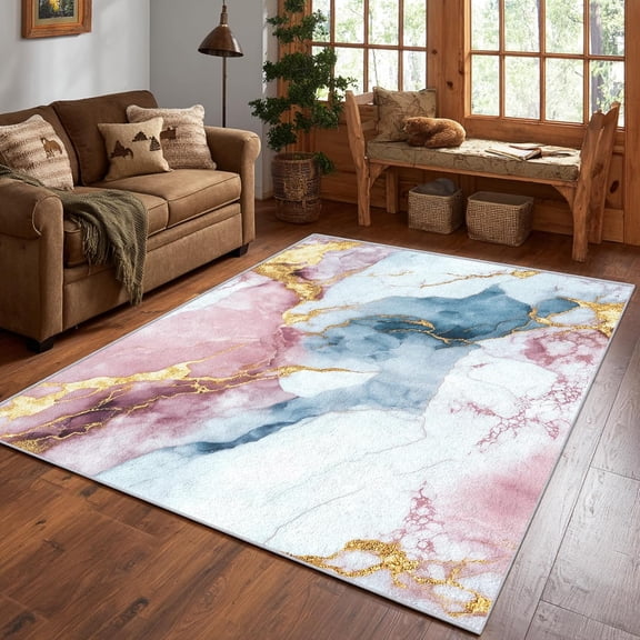 Pink Blue Gold Marble Area Rug, Modern Abstract Pattern Carpet, Washable Non Slip Low Pile Soft Thin, Living Room Bedroom Home Decor Mat 2x3ft(Small)